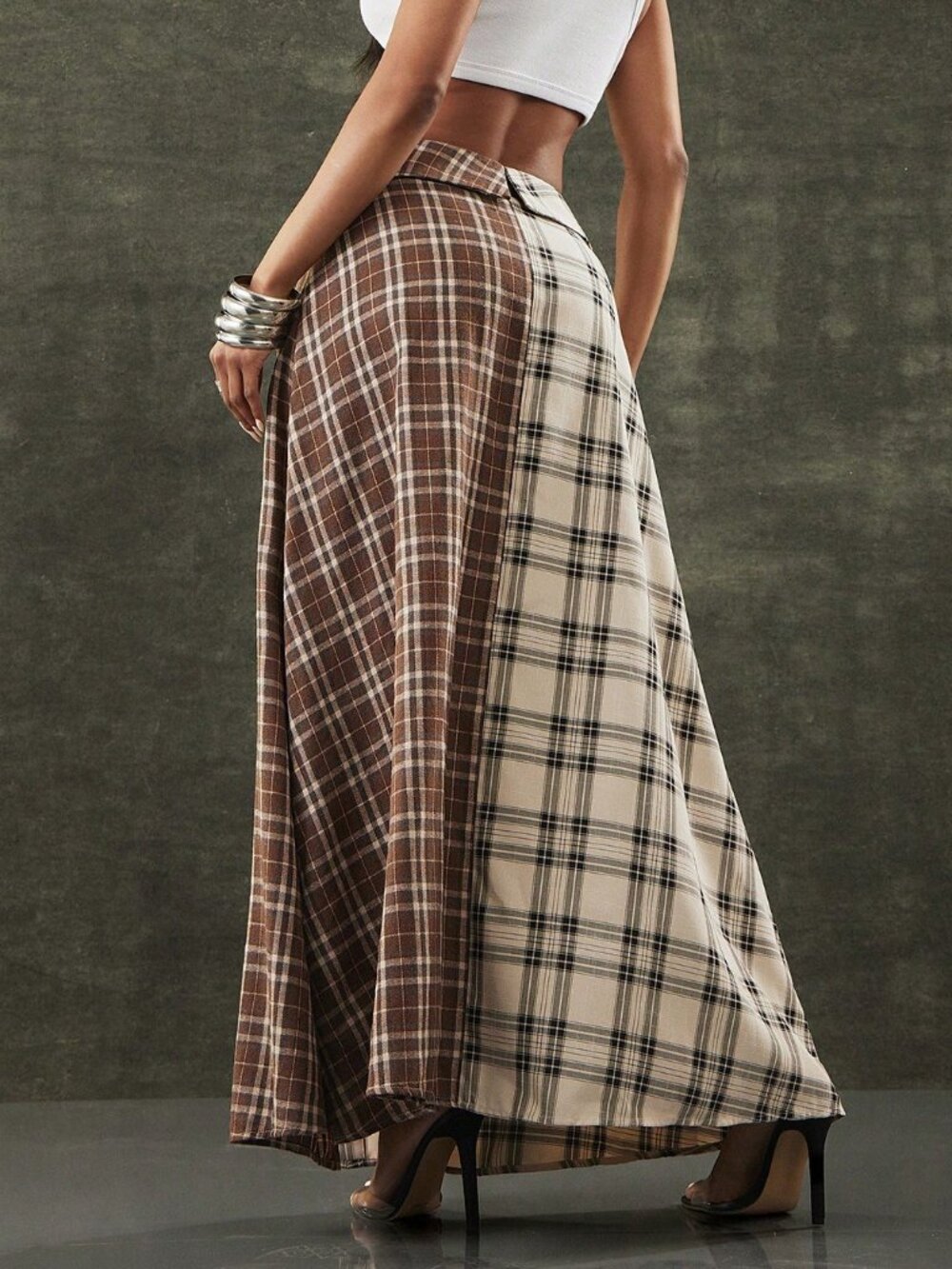 Multicolor Casual Women's Mixed Plaid Long Flared Skirt - Picture 2 of 6